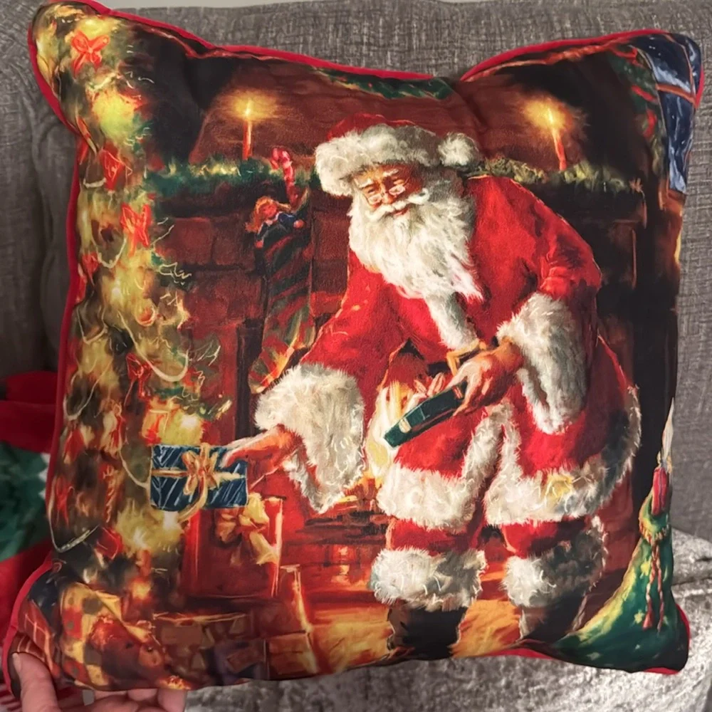 Santa Claus Gifts Under Tree Christmas Holiday Throw 16x16” Pillow Home Decor